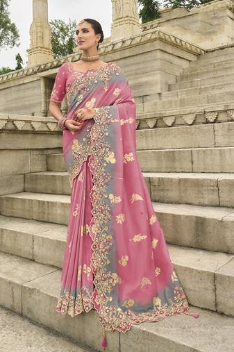 Pink embroidered silk blend saree