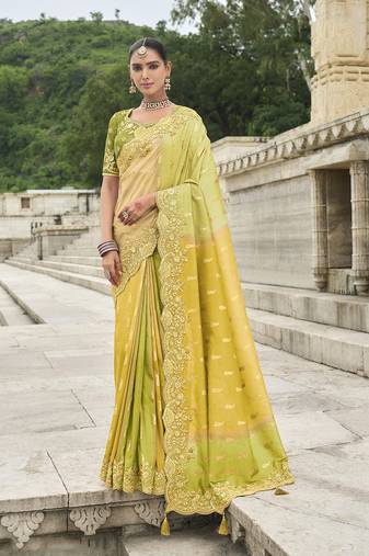 Green and yellow stone silk blend saree