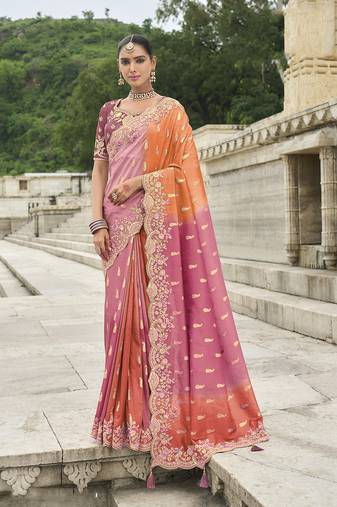 pink and orange silk blend buttis saree