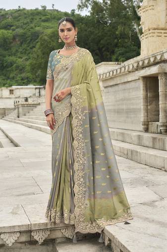  green and grey Embroidered silk blend saree