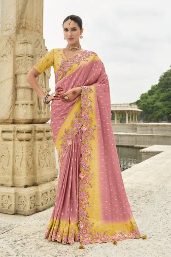 pink silk blend embroidered saree