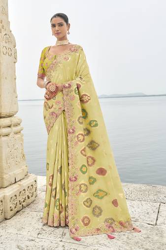 green silk blend stone work saree