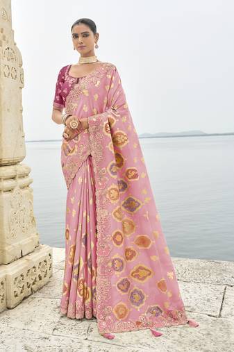 pink Cutwork silk blend saree