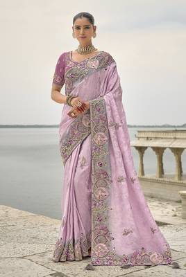 Lavender silk blend embroidered work saree 1