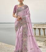 Lavender silk blend embroidered patchwork border saree