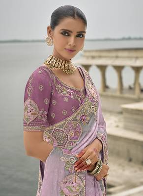 Lavender silk blend embroidered work saree 2