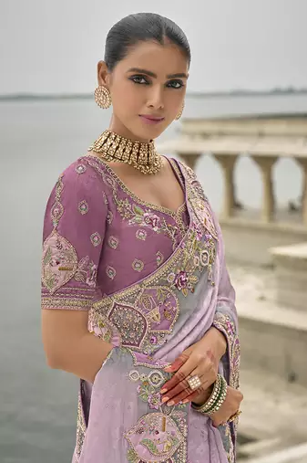 Lavender silk blend embroidered work saree