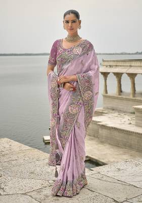 Lavender silk blend embroidered work saree 3