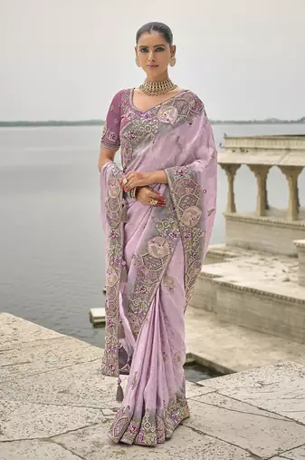Lavender silk blend embroidered work saree