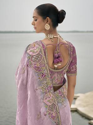 Lavender silk blend embroidered work saree 4