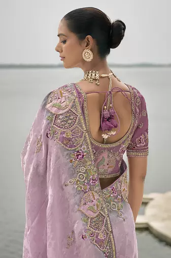 Lavender silk blend embroidered work saree