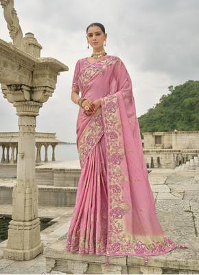 Pink silk blend sequin embroidered work saree 1