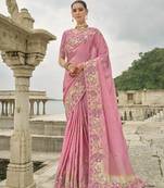 Pink silk blend sequin embroidered patchwork border saree