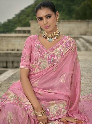 Pink silk blend sequin embroidered work saree 2