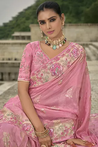 Pink silk blend sequin embroidered work saree