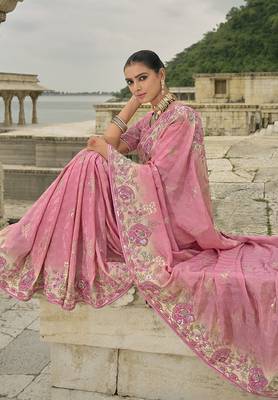 Pink silk blend sequin embroidered work saree 3