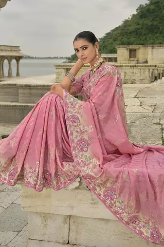 Pink silk blend sequin embroidered work saree