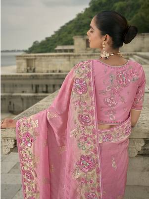 Pink silk blend sequin embroidered work saree 4