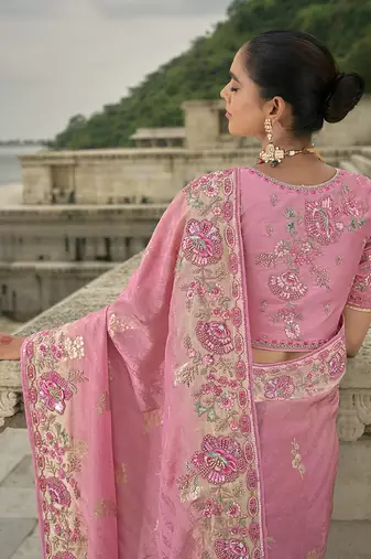 Pink silk blend sequin embroidered work saree