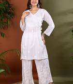 White cotton angrakha kurta with dori tie up & palazzos set