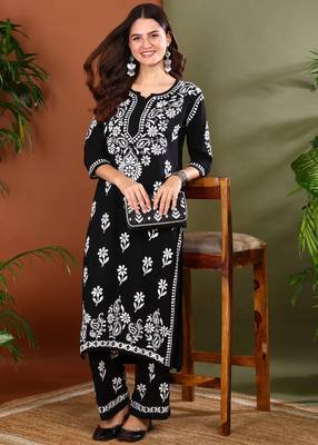 Ethnic motif embroidered chikankari black rayon kurta with palazzos 1