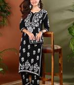 Ethnic motif embroidered chikankari black rayon kurta with palazzos