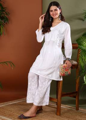 White cotton angrakha kurta with dori tie up & palazzos set 3