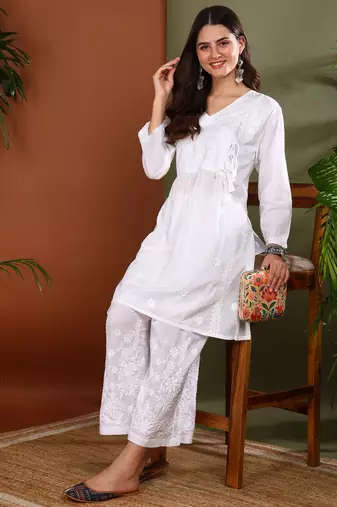 White cotton angrakha kurta with dori tie up & palazzos set