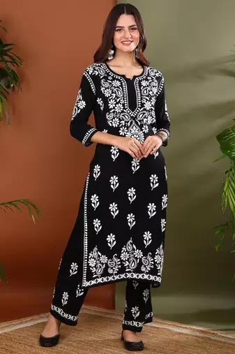 Ethnic motif embroidered chikankari black rayon kurta with palazzos