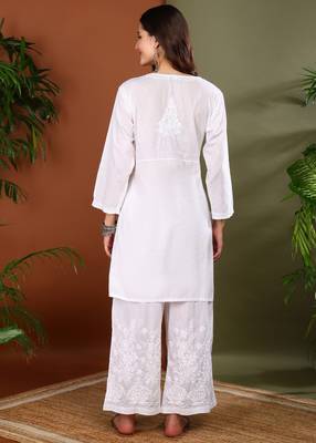 White cotton angrakha kurta with dori tie up & palazzos set 4
