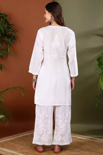 White cotton angrakha kurta with dori tie up & palazzos set