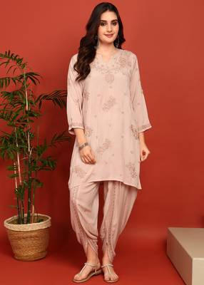 Women's dusty beige authentic chikankari ethnic motif modal kurta with dhoti pants 1