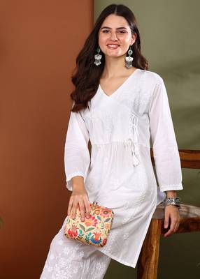 White cotton angrakha kurta with dori tie up & palazzos set 5