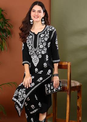 Ethnic motif embroidered chikankari black rayon kurta with palazzos 4
