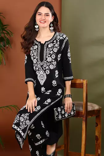 Ethnic motif embroidered chikankari black rayon kurta with palazzos