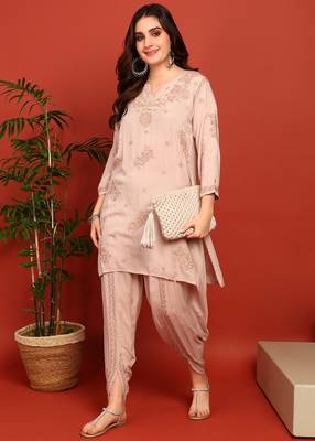 Women's dusty beige authentic chikankari ethnic motif modal kurta with dhoti pants 3