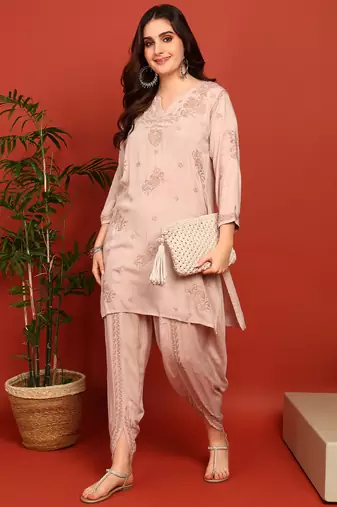 Women's dusty beige authentic chikankari ethnic motif modal kurta with dhoti pants