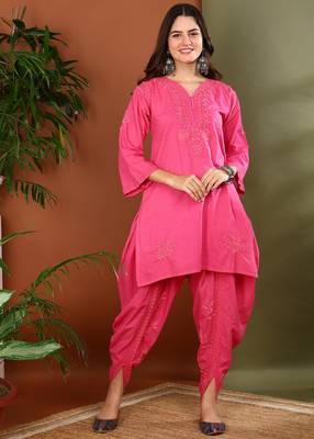 women pink cotton chikankari kurta with dhoti pants hand embroidered ethnic set 1