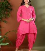 women pink cotton chikankari kurta with dhoti pants hand embroidered ethnic set