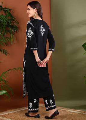 Ethnic motif embroidered chikankari black rayon kurta with palazzos 5