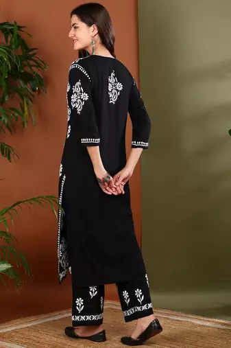 Ethnic motif embroidered chikankari black rayon kurta with palazzos