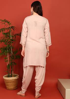 Women's dusty beige authentic chikankari ethnic motif modal kurta with dhoti pants 4