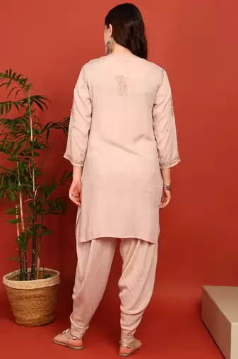 Women's dusty beige authentic chikankari ethnic motif modal kurta with dhoti pants