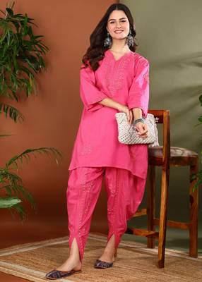 women pink cotton chikankari kurta with dhoti pants hand embroidered ethnic set 3