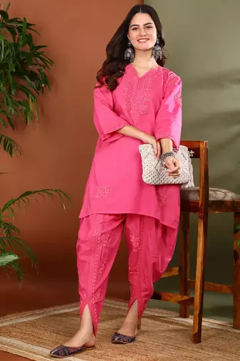 women pink cotton chikankari kurta with dhoti pants hand embroidered ethnic set