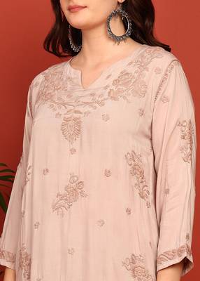 Women's dusty beige authentic chikankari ethnic motif modal kurta with dhoti pants 5