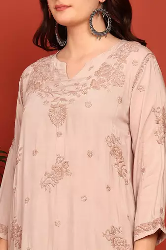 Women's dusty beige authentic chikankari ethnic motif modal kurta with dhoti pants