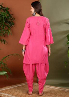 women pink cotton chikankari kurta with dhoti pants hand embroidered ethnic set 4