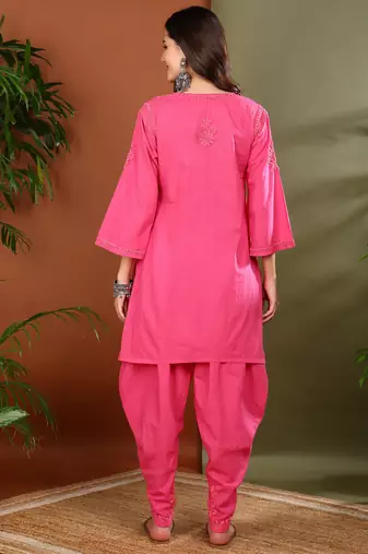 women pink cotton chikankari kurta with dhoti pants hand embroidered ethnic set