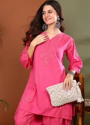 women pink cotton chikankari kurta with dhoti pants hand embroidered ethnic set 5